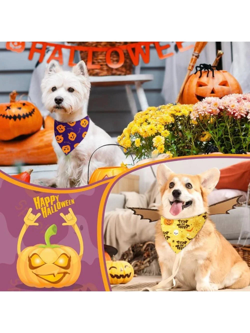 200 Pcs Halloween Dog Bandanas - Pumpkin, Ghost, Bat & Spider Web Designs